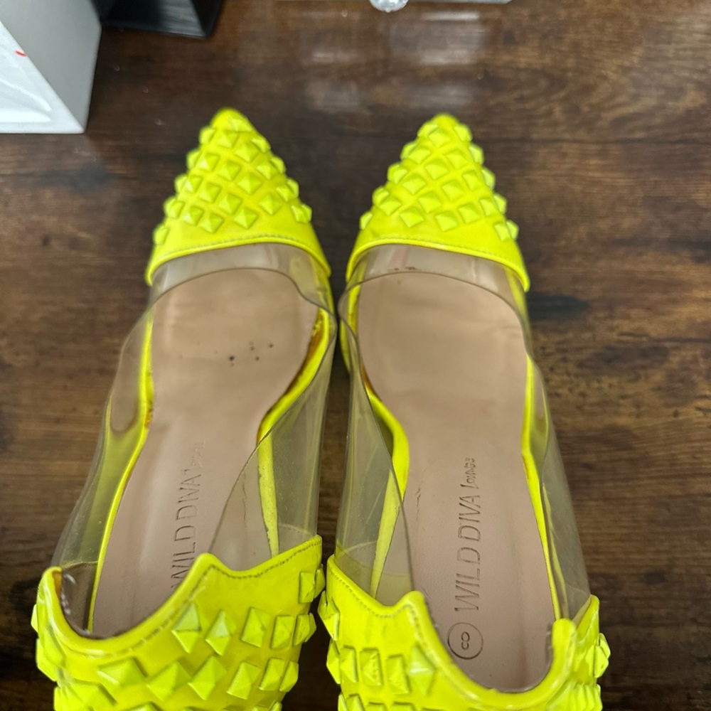 Wild Diva Neon Lime Studded Clear Side Stiletto Heels - Picture 6 of 9